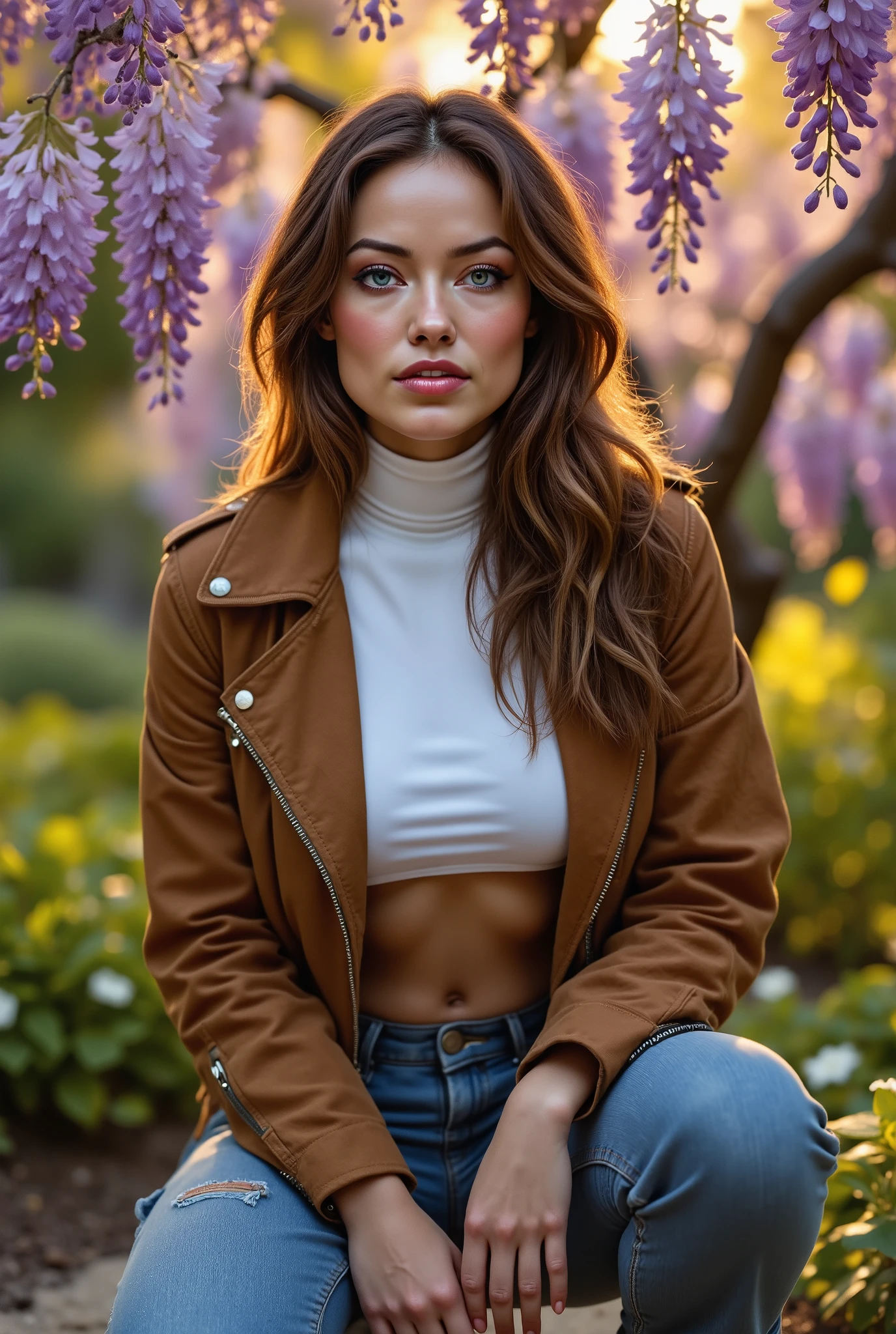 Foto hiperrealista en primer plano de woman, masterpiece, best quality, (photorealistic:1.4), full body, wearing a (tiny white turtleneck crop top:1.3), (baggy cargo jeans:1.2), (open suede moto jacket:1.18), cinematic light, beautiful woman, perfect abs, medium breasts, wet sweaty skin, wavy hair, detailed face, photo taken from a distance, in japanese garden with wisteria trees, romantic lighting, (surrounded by flowers:1,15), (sunset:1.05), squatted pose