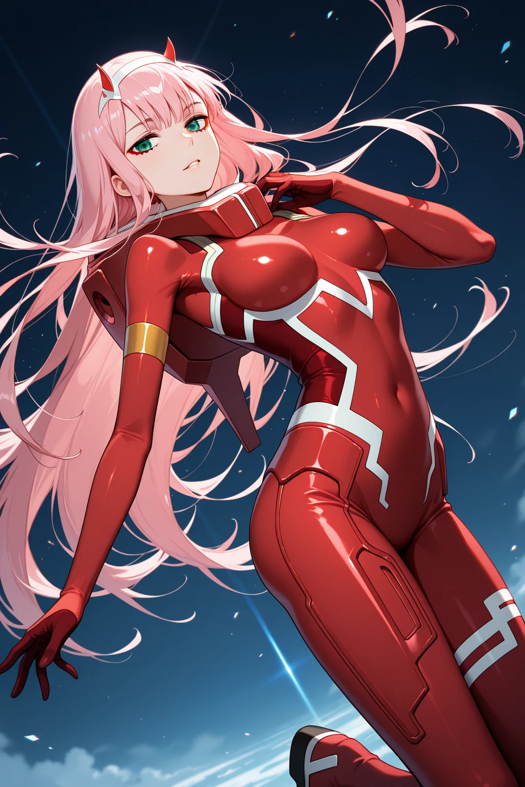 1 girl, ((red latex suit)), standing sexily, looking at viewer, lower angle, long hair, flirty_look