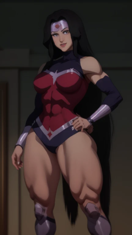 ((BLACK BACKGROUND,1:2, masterpiece)) full body MILF BIMBO standing with two long thighs and two metal sandals, red eyes, two-tone hair, brown hair, purple hair, long messy style hair, big breasts, cleavage, separate sleeves, tiara royal, long cape up to two feet, yellow bikini, hands on waist, navel, toned body, lustful smirking smiling, smile face (red blushed, red cheeks), metal shoulders, gold sleeveless armbands, black leather choker slave collar (leather choker with big golden bell), shackle bracelets, red crest, pauldrons, breastplate, leather corset, eye focus, full body, whole body, 1solo, loincloth standing, hands on hips, big belt, view from below, feet together, bracers, tiara)