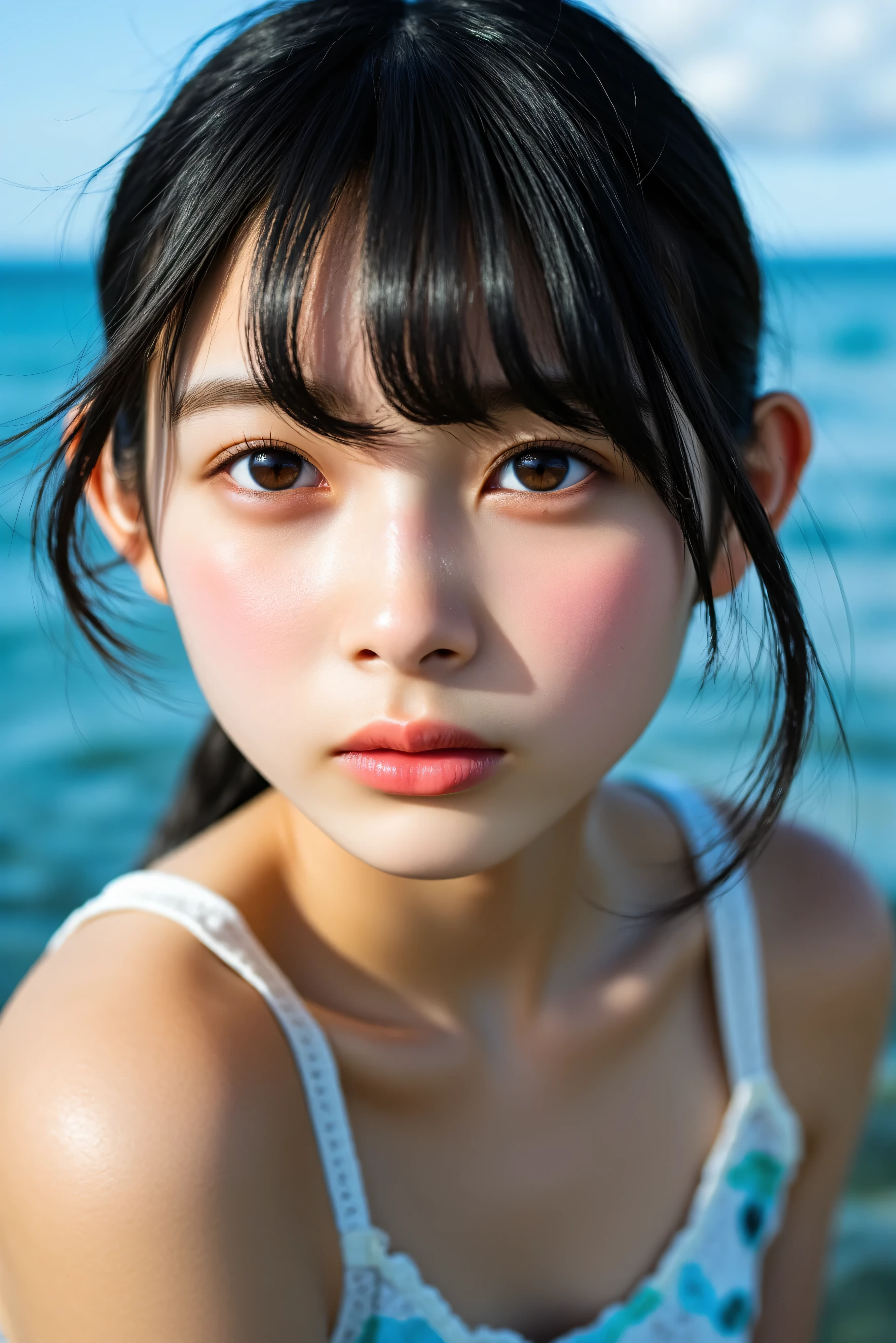 naked background blue sand beach wheat colored skin freckles face zoom up