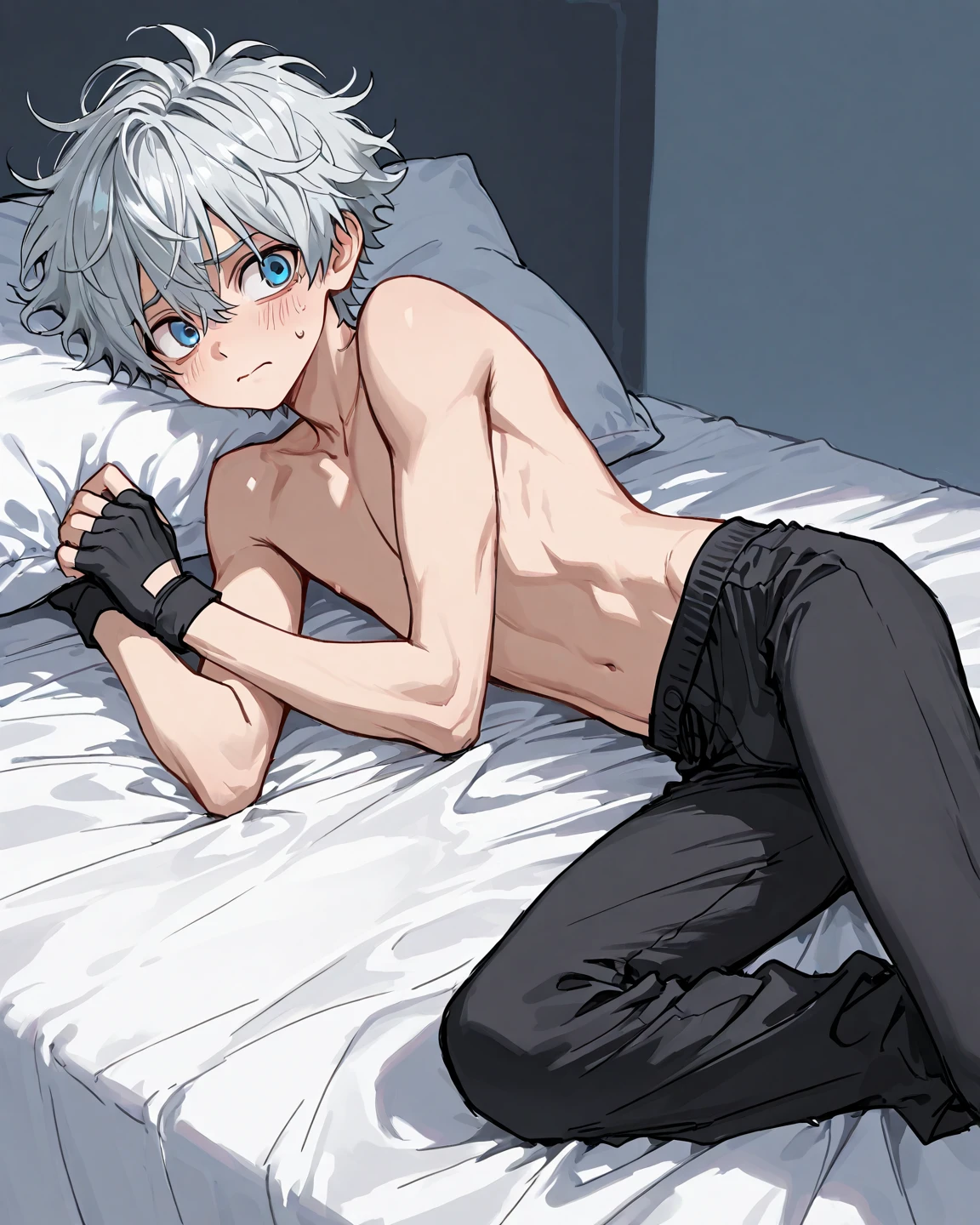 Bright eyes， in a panoramic view，Character focus，Solo，Furry，Furry male cat，male yellow-white fur，blue color eyes，Gray hair(Long)，Bare body，Lie down in bed，grey shorts，Young style，height of one meter seven，Handsome，has a tail，The gear protrudes out