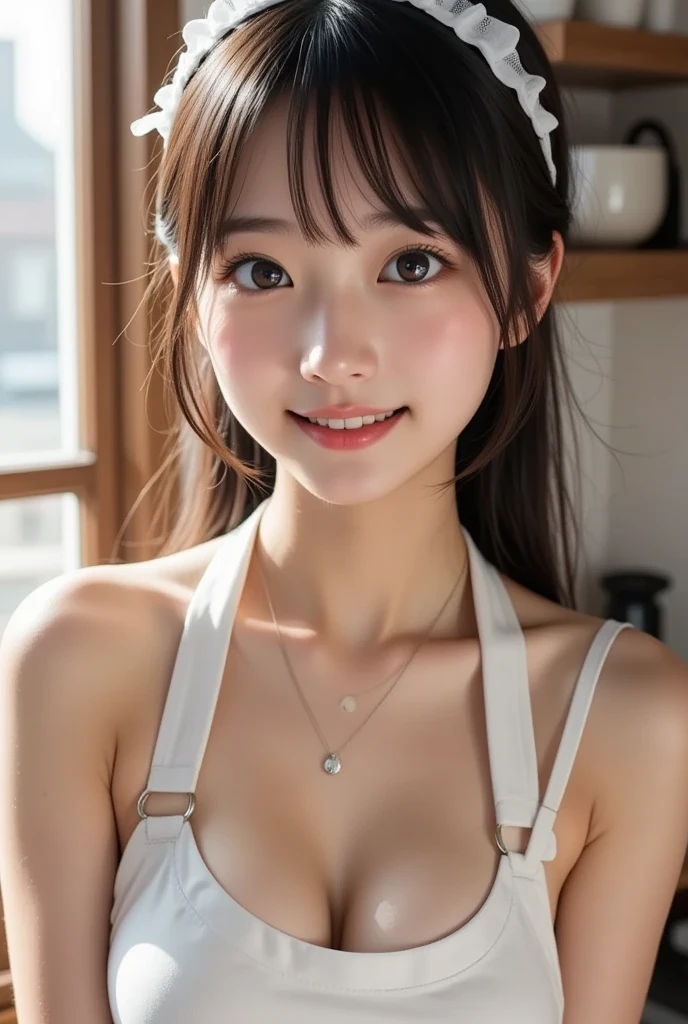 Cute 21 year old Japanese、Naked Apron, Cake shop、Super detailed face、Pay attention to the details、double eyelid、Beautiful thin nose、Sharp focus:1.2、Beautiful woman:1.4、(Light brown hair,short hair、),Pure white skin、highest quality、masterpiece、Ultra-high resolution、(Photorealistic:1.4)、Highly detailed and professional lighting、nice smile、Please show me your whole body、Buckshot、turn around、Butt、Cleavage from above、Pastry chef、Braided、