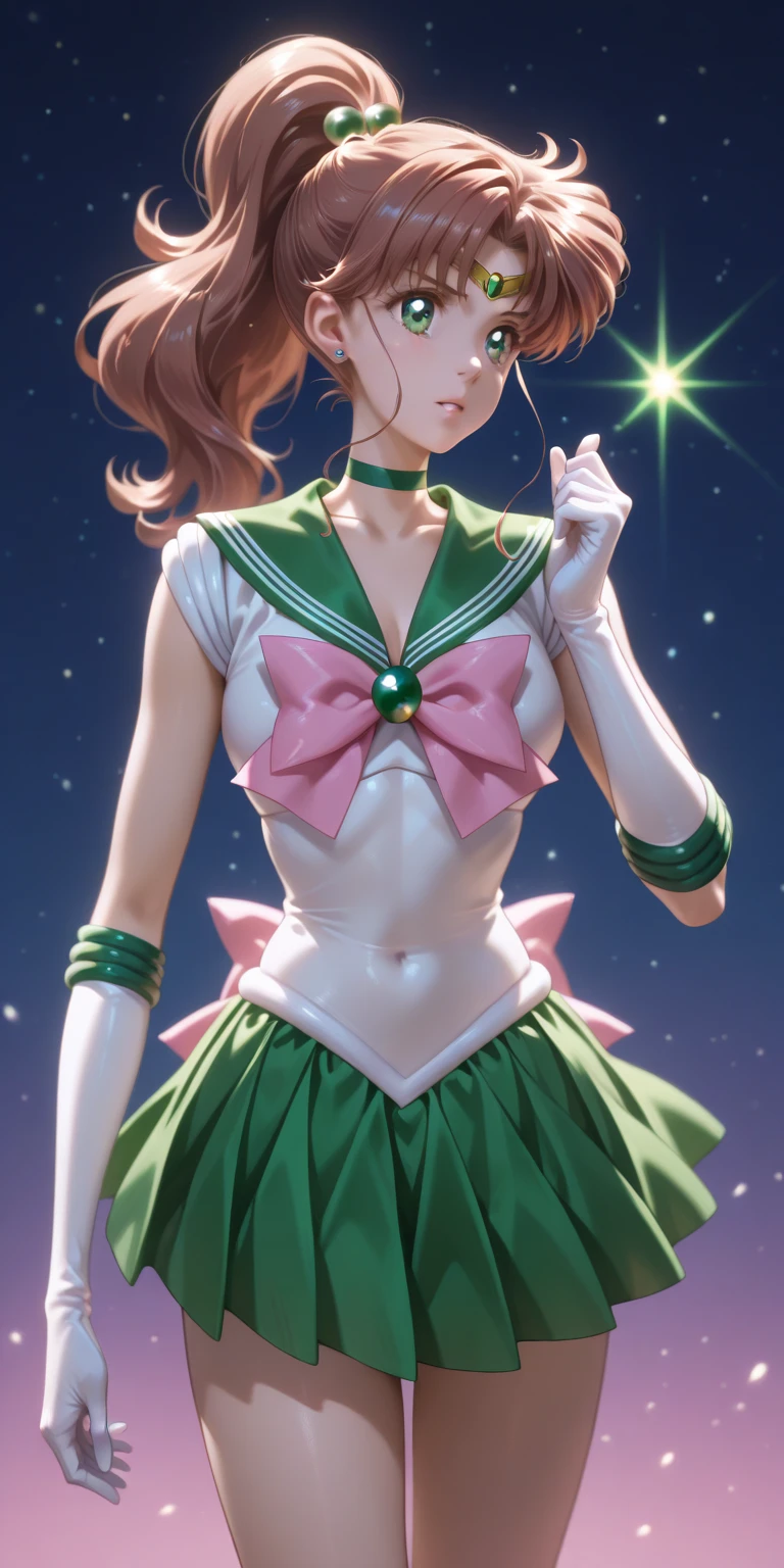 sailor jupiter, 1 girl, brown hair, long hair, brown eyes, detailed eyes, simple background, female focus, alone, Standing, Makoto Kino, portrait, full body, (Masterpiece:1.0), (best quality:1.0) , (wallpaper 8k:1.0), (detailed beautiful face:1.0), (detailed deep eyes), deep eyes, looking at viewer, sailor scout, pink bow on chest, green skirt, white gloves,