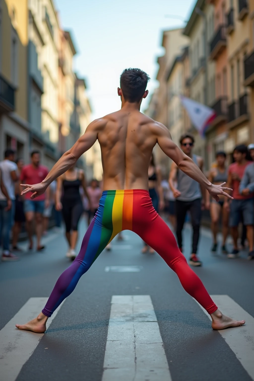 3
Male Teenager in purple briefs with white stripes big bulge big butt realistic look with rainbow bodypaint on a pride parade with other male teenager and boys kiss