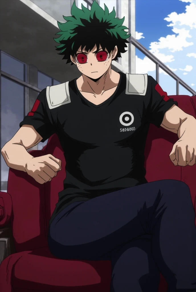 (masterpiece, best quality:1.2), solo, male focus, 1boy, midoriya izuku, short green hair, green eyes, no shirt, no pants, wearing briefs, teenager, toned slender body, domed helmet with transparent visor over eyes, mind control device, blank expression, staring straight forwars, relaxed body posture, sitting in chair, anime style, my hero academia style
