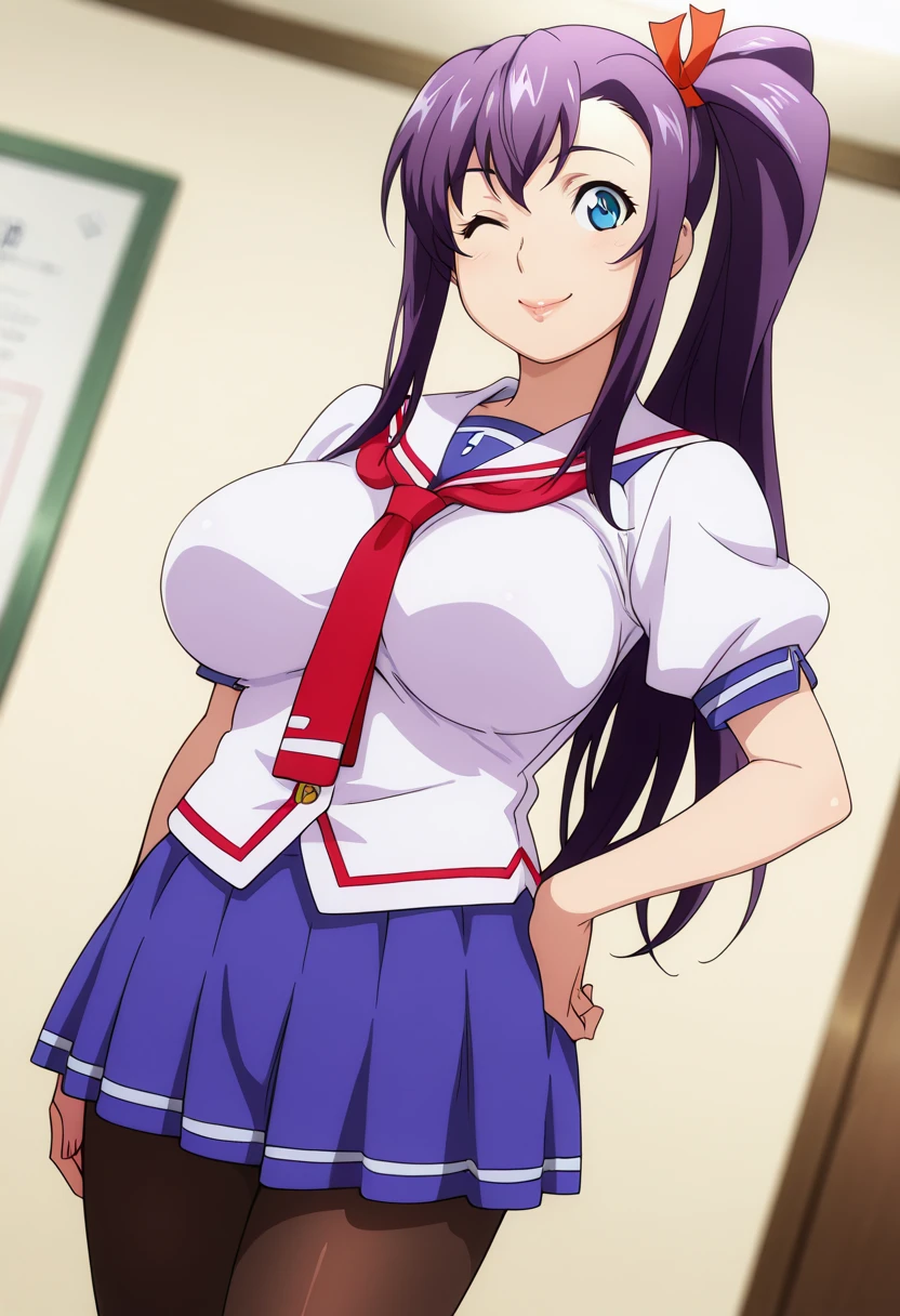 perfect eyes:1.2, detailed eyes:1.4, glossy skin:1.2, Blue sailor collar, school uniform, large breasts, skindentation, cowboy shot, pantyhose, serafuku, short sleeves, Red neckerchief, White shirt, Blue eyes, Purple hair, bangs, side ponytail, Hair ornament, 20yo, Young female, Beautiful Finger, Beautiful long legs, Beautiful body, Beautiful Nose, Beautiful character design, perfect balance, smile, 1girl, solo, (masterpiece:1.6, best quality), 8k, insane details, intricate details, hyperdetailed, hyper quality, high detail, ultra detailed, professional, HDR, ray tracing reflection, cinematic lighting,