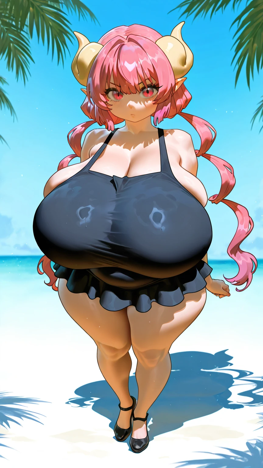 short pink hair, blue eyes, gigantic breasts, very curvy, young beauty, pencil dress