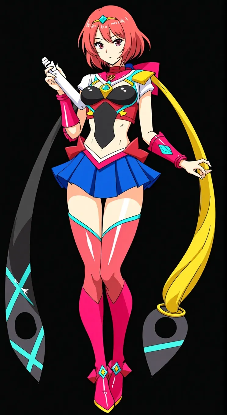 (((Masterpiece))), (best qualighy, best resolution:1.2), beautiful anatomy, perfect body, very delicate, super gorgeous hair, very long and beautiful hair, high ponytail, pink hair ornament, multicolored hair, absurderes, glowing eyes:1.2, tight green lycra shorts, black strapless crop top :1.3, clothes under clothes, full body, pigeon-toed, holding a sailor moon stick, (beautiful surreal cloud world scenery), unique art, most beautiful art, ((ultra detailed)), beautiful details, ((nice drawn hands and fingers)), (most beautiful legs), depth in field, cinematic lightining, colorful, intricate