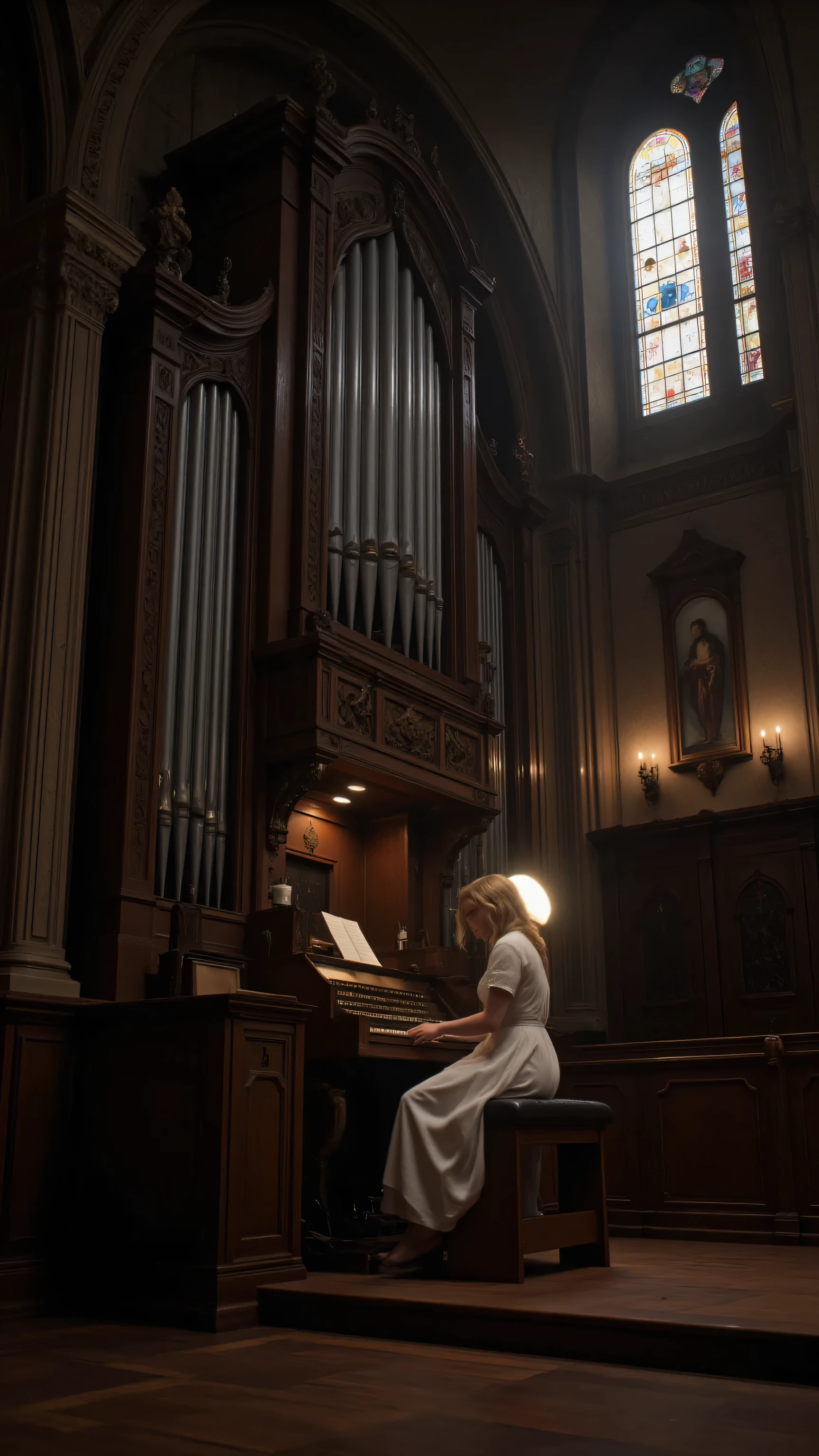 highdefinition images,A single blonde woman playing a pipe organ mounted in a large concert hall practicing alone、一人で練習をしている