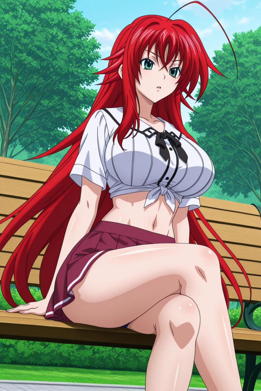 masterpiece, best quality, highres, fairy tail, 1girl, long hair, red hair, brown eyes, neck ribbon, bare shoulders, white shirt, sleeveless, center frills, blue skirt, hair over one eye, <lora:erza_v1:0.8>, filed, grass, lying, pantyshot, pink panties,