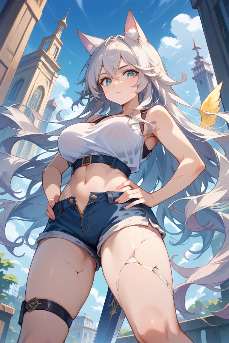 grassy fields、blue open sky、White cumulonimbus clouds、contrail、Fiery sun、The steppe grass sways in the wind、Photoquality、Live action、Realisticity、Transparency、Realistic depiction、8K quality、NFFSW、Digital SLR、high high quality、Film grains、富士XT3、Girl in white camisole dress、Standing posture、Bare legged、Hair swaying in the wind、hair to shoulder、Colossal tits、Big eyes、Medium Bob、eventide、A beautiful slender woman stood,She guided them to their destination with a brave expression, Behind her,Green savannah stretches,The most suitable effect for this scene is the watercolor technique,25 age old,musculous,perfect body figure,Large of breast,The neckline is large,light blue eyes,Brave face,dark kingdom,A sexy pose,Perfect proportions, Watching from behind,Plump buttocks(Ultra-light blue eyes, (((white hair with braid))), long eyelashes heavy makeup, a garter belt, Chest-high vest,Stand with your legs spread out,Cocked buttocks,Khaki tight shorts,The material of the clothing is ultra-thin,Light orange clothes,looking away from viewer,Watching from behind