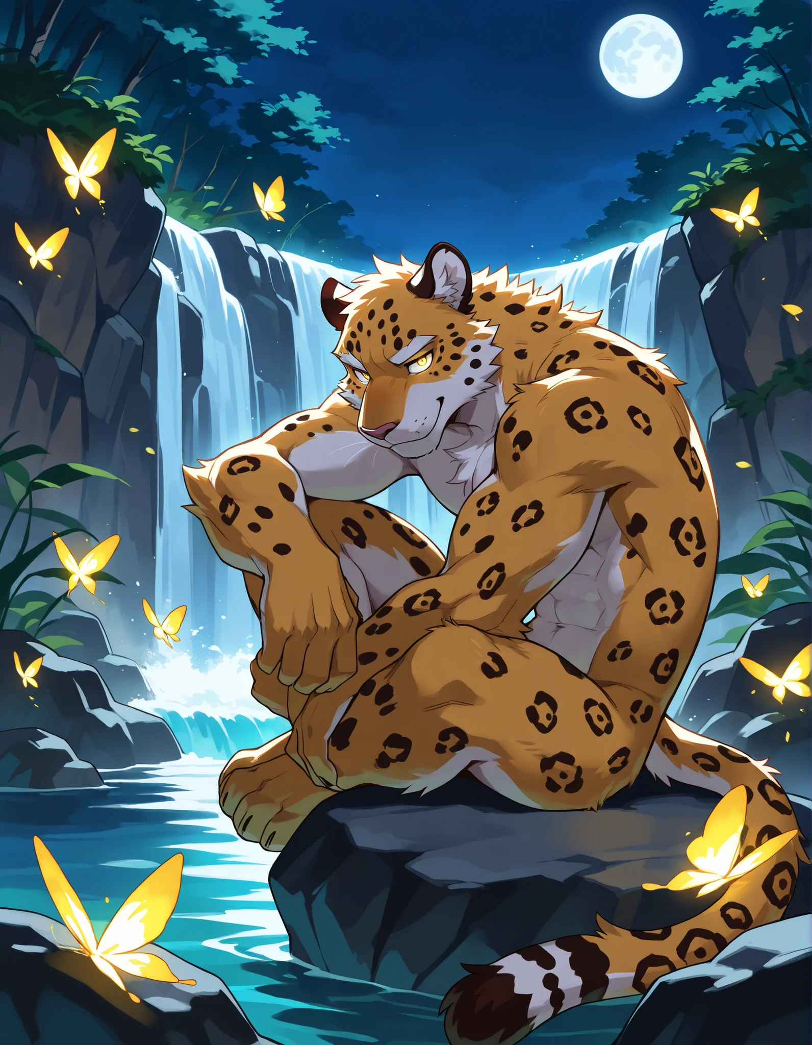 fat female cheetah, silver bracelets, silver necklace, silver earrings, bathing in a river, naked, beautiful detailed eyes, beautiful detailed lips, extremely detailed face, long eyelashes, photorealistic, 8k, highly detailed, masterpiece, wildlife, nature, realistic, intricate details, shimmering water, warm sunset lighting, vibrant colors, no hair, golden eyes, full body