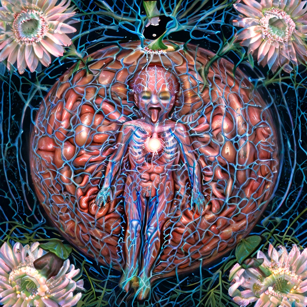((Colorjizz)), Grotesque horror, Nude redhead ripped in half by a monster, brain exposed, entrails, gore