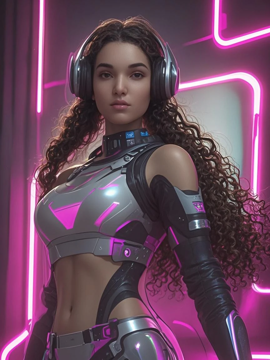there is a woman, Jessica Alba, in a black bra top and headphones playing a game, techno mystic goddess, twitch streamer, dark purple hair and cybernetics, ( ( ( synthwave ) ) ), synthwave style, fashwave, streaming on twitch, still from a music video, profile picture 1024px
