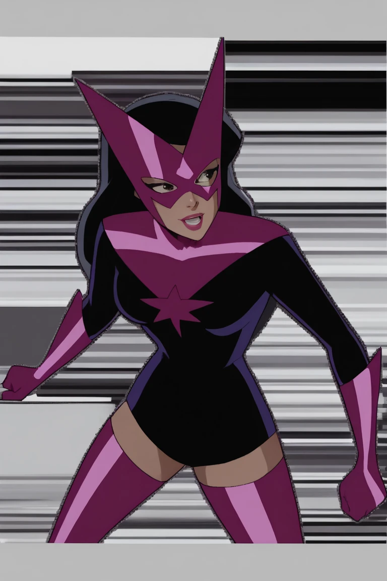 ssjlu, eyemask, purple bodysuit, purple thighhighs, purple gloves, glowing aura, dynamic action pose, brilliant blue sky, combat, attractive, feminine, large breasts, powerful, sly smile, vibrant colors, looking at viewer, city fading into background, <lora:Star_Sapphire_-_JLU_Illustrious_v2:0.8>,  <lora:takeda_hiromitsu_style_illustrious_goofy:0.6>, <lora:dcau234-illu3_r1:0.4>