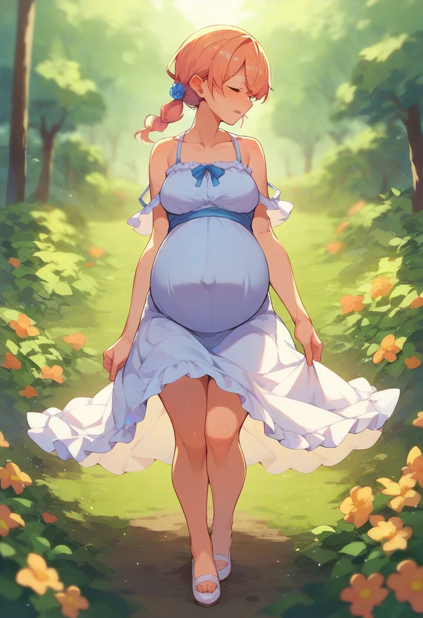very detailed, masterpiece 1girl, pale skin, Take a walk in the park, ((black sundress)), (white sneakers), a captivating and seductive smile, Come here and see, full lips, short blonde hair, blue eyes, perfect hands, (small, flat chest), (Wide body), wide waist, round face, (fat and chubby body: 1.2), feet
