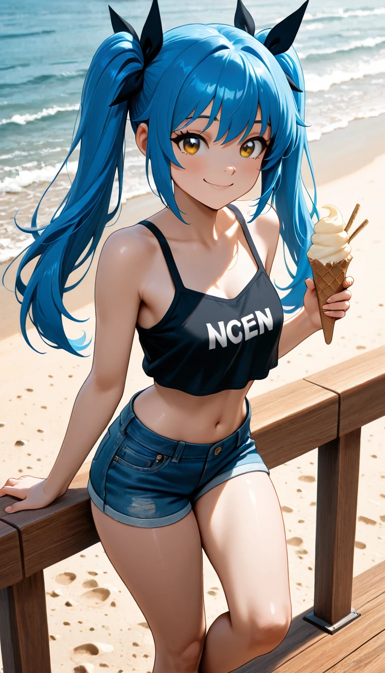 (NSFW:1.2), (8K, Raw photography, Top image quality, tmasterpiece: 1.4), ultra-high-details, (realisitic, photoreallistic: 1.48), 1girl in, Solo Focus, type moon style, Kyoto Animation Style, short-length hair, (blue hairs:1.7), Blunt bangs, Hair Between Eyes, Clear eyes, side locks, White hair, Shiny hair, beautiful detailed cold face, Seductive smile, angry, complex details beautiful and delicate eyes, bare_shoulders, Small_Breasts, Gray eyes, White skin, Hair Ornament, (((T-shirt))), swim ring, swimsuit, beautiful bare back, Sandals, Skindentation, collar bone, bare_Legs, beach, Beautiful detailed sky, White sand, tree, very precise details, absurdist, Extremely detailed, 16k wallpaper,remrezero