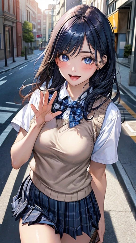 (masterpiece:1.3, top-quality, ultra high res, ultra detailed), (realistic, photorealistic:1.4), beautiful illustration, perfect lighting, natural lighting, colorful, depth of fields, surrealism, 
beautiful detailed hair, beautiful detailed face, beautiful detailed eyes, beautiful clavicle, beautiful body, beautiful chest, beautiful thigh, beautiful legs, beautiful fingers, shiny skin, babyface, 
looking at viewer, selfie, 1 girl, high school girl, (perfect ???????, anatomically correct, super detailed skin), cute and symmetrical face, perfect face, perfect eyes, 
(long hair, (two side up), straight hair, blue hair), bangs, blue eyes, slant eyes, big eyes, long eyelashes, (large breasts:1.2, seductive thighs), slender, outstanding style, 
((detailed cloth texture, short sleeve white collared shirt, break emerald green knit vest, break shocking pink pleated skirt, break shocking pink neck ribbon), socks, shocking pink loafer), 
(beautiful scenery), evening, (downtown), (standing, leaning forward,), (heart shaped pupils, :3, aroused, ahegao, orgasm, in heat, naughty face, seductive smile, open mouth small),