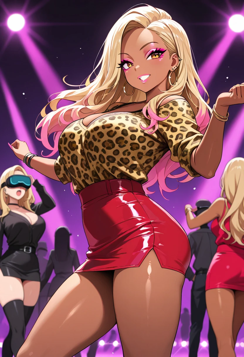 ecchi anime character. young African American woman with a smiling personality and big breasts, light brown curly hair and light brown eyes. She wears round glasses and chains and pendants around her neck and a pink choker with a silver heart. She wears a fuchsia pink shiny leather playboy bunny outfit and fishnet stockings and red heels.. She is in a nightclub dancing sensual twerking