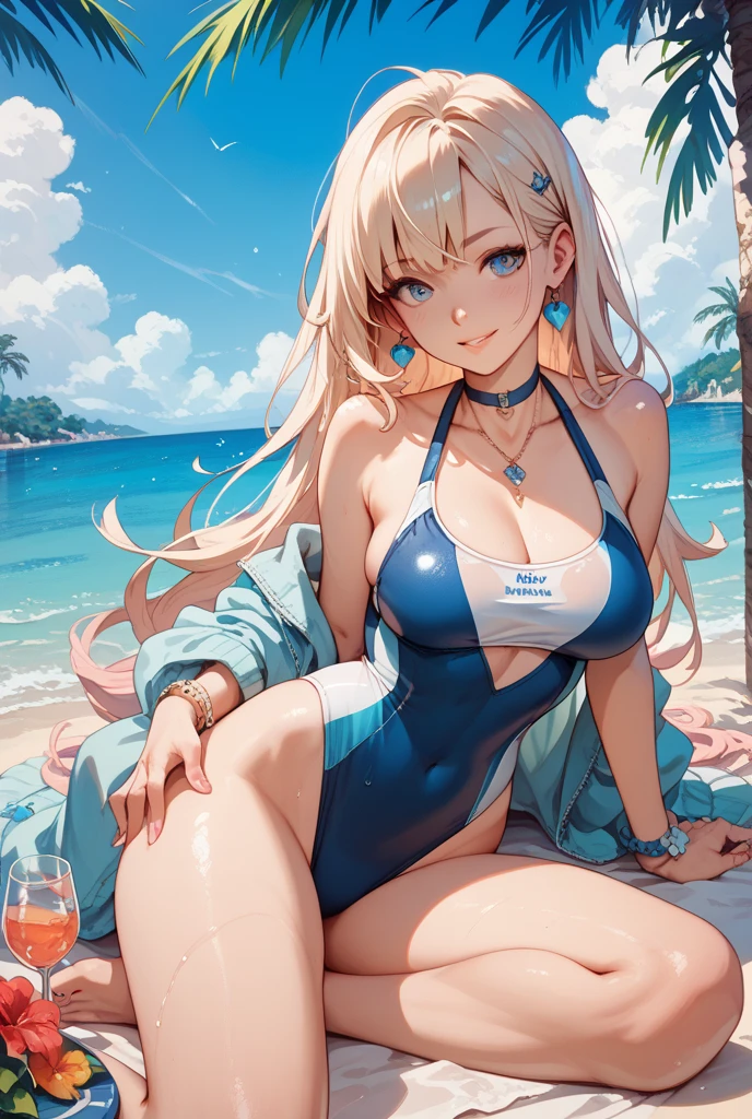 Beach lounger, sea girl, swimsuit, big breasts, blonde hair, blue eyes