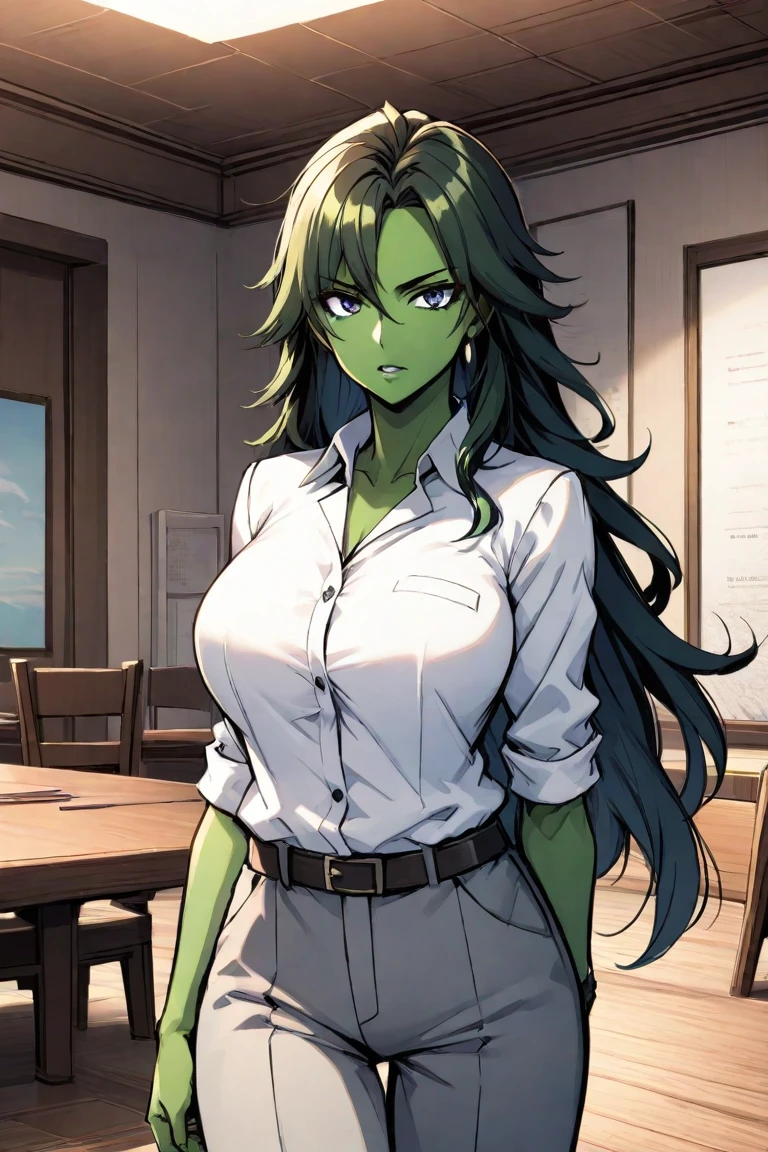 (masterpiece, best quality:1.2),(1girl), (girl), (woman), (green theme),( cowboy shot), (solo), (fushiguro toji), (evil grin), (looking at viewer), (black shirt), (short sleeves), (pants), (long hair), (green eyes), (scar on right hips), 8k ,raw photo, (film grain, bokeh, blurry foreground, blurry background), sharp focus, cinematic lighting, (large breasts), (correct teeth), (detailed teeth), (high quality teeth), (correct smile), ( quality smile), (correct ???????), hoops earrings 