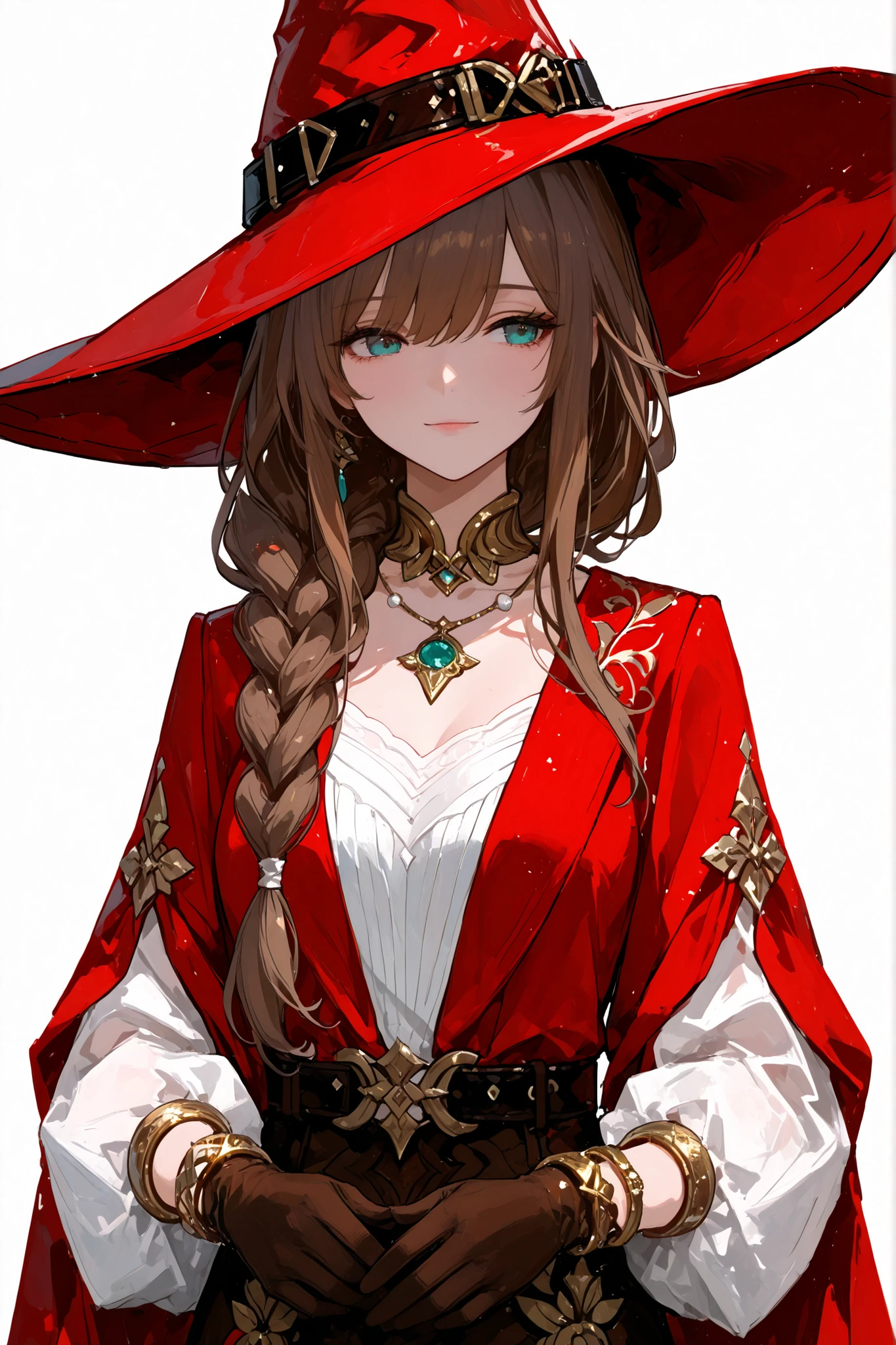 Dark Brown hair, turquoise eyes, long hair, hair in a braid, belt, cape, neckline, gloves, hat, hat belt, jewelry, necklace, pendant, red cape, red hat, witch, witch hat,748cmstyle, Beautiful woman, long dark brown hair, hair tied in braids, hair over shoulder, elegant clothes, witch hat, serius, elegant, golden bracelet, chic, noble