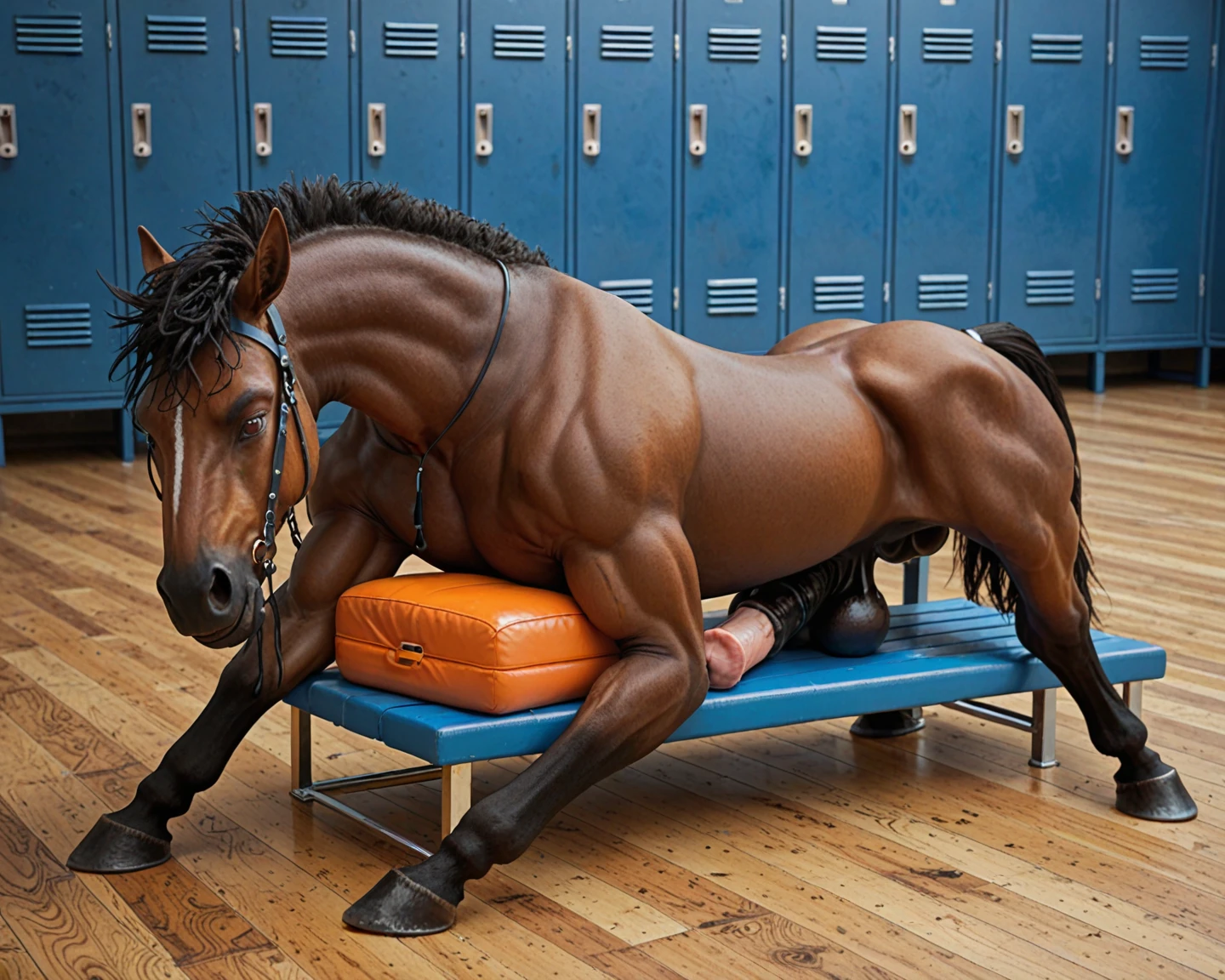 1 furry, a cute twink lion, (wearing a leather collar, very soft fur, relaxing in a changing room:1.12), male, soft light, (hyper genitalia, photorrealistic rendering, lean bodyshape, femboy, detailed lion face:1.4), solo, wearing red wrestling boots, (photographic masterpiece, looking pleasured:1.6), (penis bigger than body, hyper long penis, accurate long equine genitalia, longest penis, throbbing erection, wide wrestling boots, focus on monster cock:1.6), mottled penis, (femboy lion with hyper equine genitalia, skinny body, slimmer, flimsy bodyshape, hyper black saggy testicles:1.44), hyperrealistic equine genitalia, (very oversized footwear, photorrealistic lighting, medial ring, sitting on a bench, precum:1.44), flimsy arms and legs, oversized lion nose, discarded wrestling gear on the floor, yellow eyes, young lion