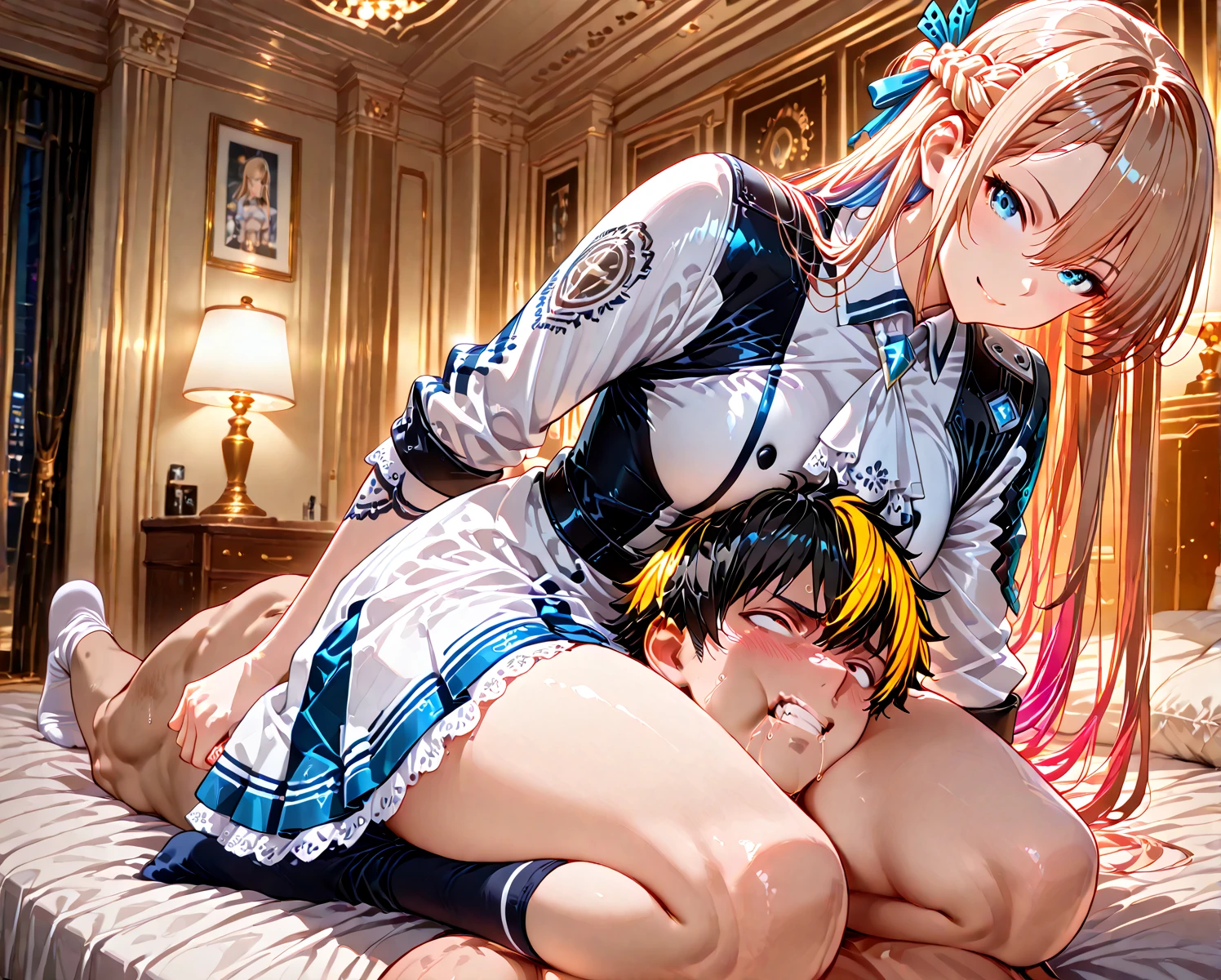 ((Highest quality、High resolution))、Beautiful woman、Perfect body、Beautiful and bountiful breasts、(tits、Nipples、Pussy、Love juice、No panties)、long blond、bangs、Blue and white、Embellished blue sexy dress、skirt、(((Woman having sex with a group of men)))、Outdoor Scenery