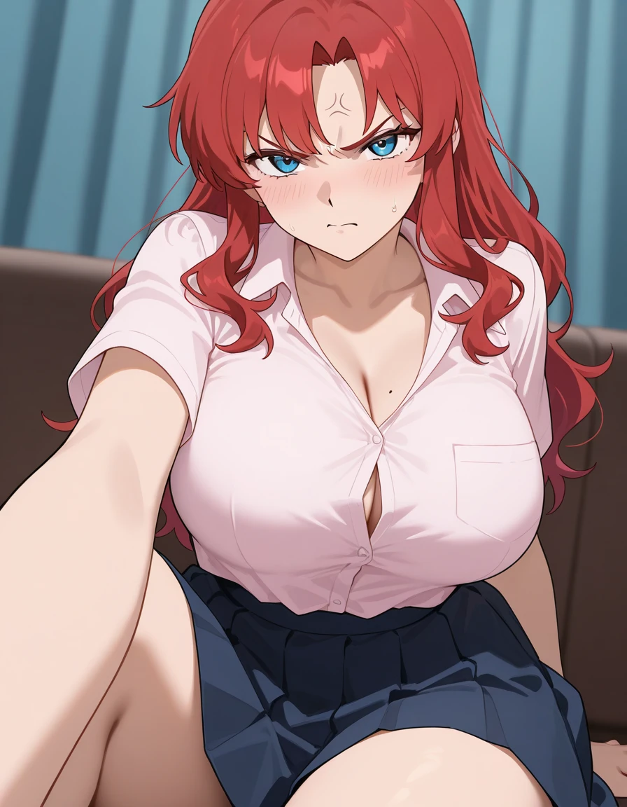 (Highest quality, 4K, 8k, High resolution, masterpiece:1.2), Very detailed, Picturesque, Animated Photography, Photo Animation:1.37)、Japanese schoolgirl、(Red Hair)、(Long Hair)、(yellow star hair ornament)、Off the shoulder、mini skirt(bank plate, black skirt, bow, long sleeves, pantyhose, blue shirt, skirt, Vest:1.1)、Black choker、Ecstasy face、Sweat、Are crying、vapor、trembling、Nakano May

