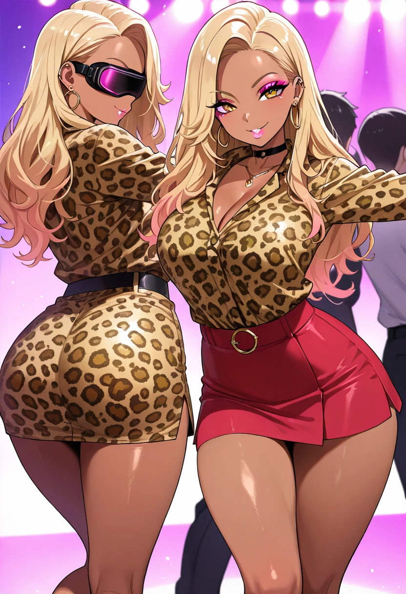 ((mature)), (milf) , (cat ears), (cat tails), ((leopard print)), blonde hair, (long pony tail), ((big hair)), (messy hair), blue eyes, (pink lips) , (large breasts), cleavage, wide hips, narrow waist, ((thighs)), navel , open jacket, red jacket, bra , belt, denim skirt, freckles, necklace, bracelets, choker, painted nails, soft makeup, evil smile, parted lips, posing, outdoors, mall, street, solo,