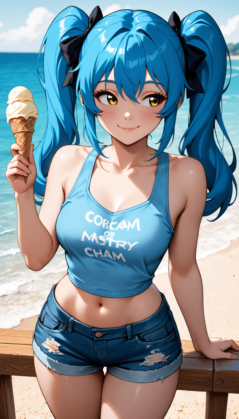  One girl, blue eyes, Long Hair, Blue Hair, Long sleeve, bangs, Cat ear, hair ornaments, blush, collared, Staring at the audience, One side up, Hair between the eyes,beautiful girl, Close your mouth, Heart symbol on background,bikini,Licking a popsicle, Beach,Licking the popsicle