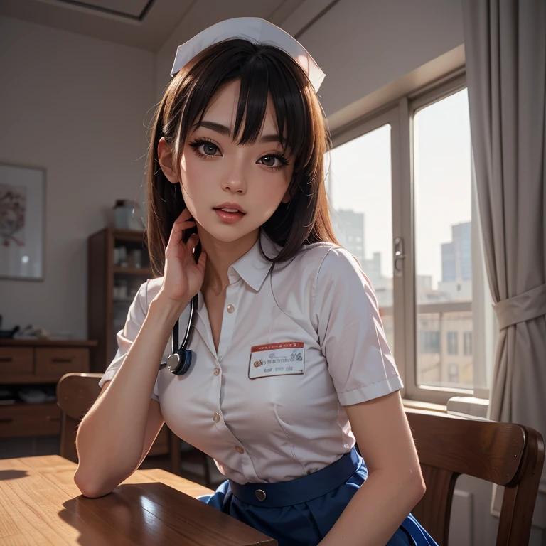 (RAW photo, best quality), (realistic, photo realistic: 1.2), portrait photo, 1 girl, 20 years old, alone, sitting in a café, indoors, at night, warm interior lighting, smile, (high detail skin: 1.4), puffy eyes, gorgeous hair, air bangs, brown-black hair, (nurse uniform: 1.8), soft lighting, high quality, skin spots,