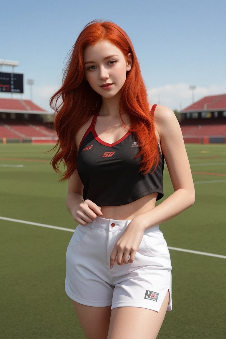 ultra realistic, photography, long red hair, girl, 24 years old, hourglass figure, perfect body, Flirty look, extremely detailed artgerm, in the style artgerm, small breasts, facing the camera, lens 35 mm, blur background, in a stadium, wearing a cheerleader outfit, windy, skirt gets blown up from below, wind under skirt, strong wind, skirt blows up with a strong wind, wind blows up skirt, hips swinging