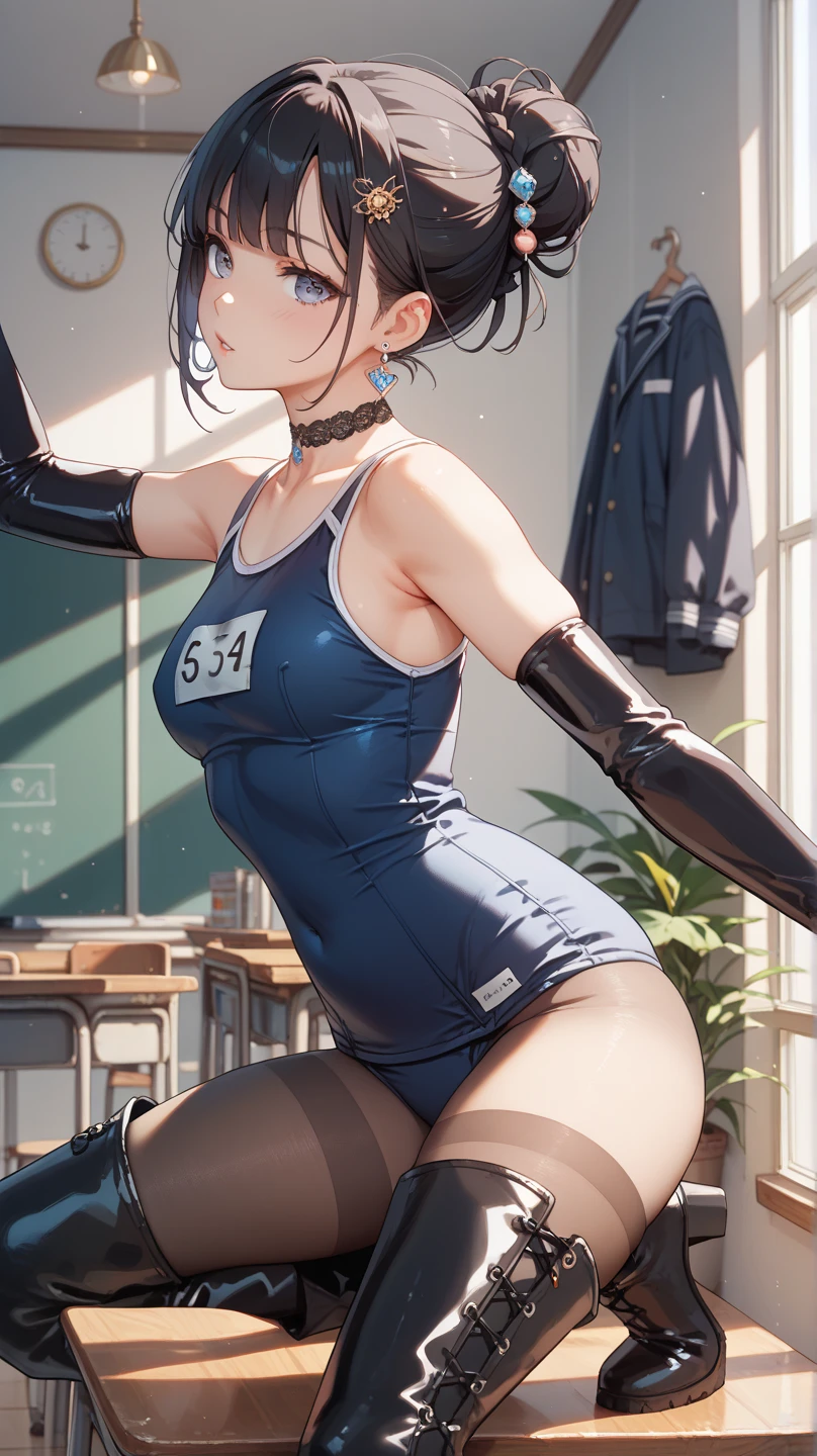 (highest quality,4K,8k,High resolution,Tabletop:1.2), Very detailed, (Realistic,photoRealistic,photo-Realistic:1.37),((From behind)),((Buckshot)),((full body)),((Sweat)),((whole body)),((short hair)),beautiful girl, Grin,((Please raise your left arm)),((the right hand is a fist)),((Purple t-back Leotards)), ((purple bodysuit)), ((Wristband)),((loose socks2.0)),((sneakers2.0)),((Dancing in the gymnasium)),Beautiful and detailed, Beautiful lip detail, Very detailed eye and face, Long eyelashes, Realistic anime 3D style, Smooth anime CG art, Digital rendering by Makoto Shinkai, Moe anime art style, photoRealistic rendering of an anime girl, Shinkai Makoto style, Cute anime girl visuals, Realistic young anime girl, Girl Fanart, Works by anime artists&#39;Studio.