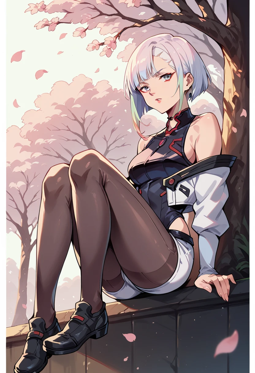 (((a woman sitting on a bench in a park:1.2, sunny day, full body:1.2))), beautiful eyes, beautiful girl, high detail skin, high detail eyes, high detail hair, highres, ultra detailed, detailed pores, imperfect skin, detailed reflective shiny skin, diffused skin pores,sharpen picture, Highly detailed, masterpiece, best quality, smiling <lora:NiwamaruLoRA:0.8> niwamaru, with short white hair, pink googles, white and black crop jacket with fur, tiny tube top, black stockings, black shorts, shoes
