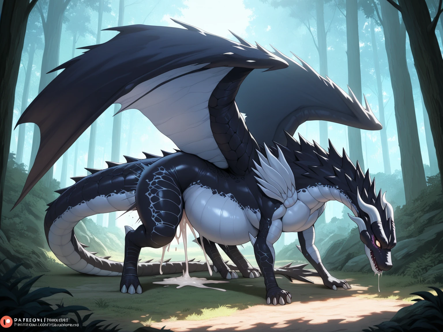feral furred dragon, forest, high resoultion, realistic, 4k, upscales, high detail, realistic fur, fluffy, shaggy, delicate fur, green eyes, thin cock, hyper balls, saggy balls, presenting penis, standing, long thick tail, 4 digitigrade paws, bedroom eyes, smug look, detailed eyes, white sclera, perfect pupil, peeking at viewer, big eyes, precum dripping from cock, black fur, black body, furry balls, fur tuft on balls, dragon wings, dragon face, furry chest, furry legs, lifted tail, tight asshole, on 4 paws, rear facing viewer, looking back at viewer