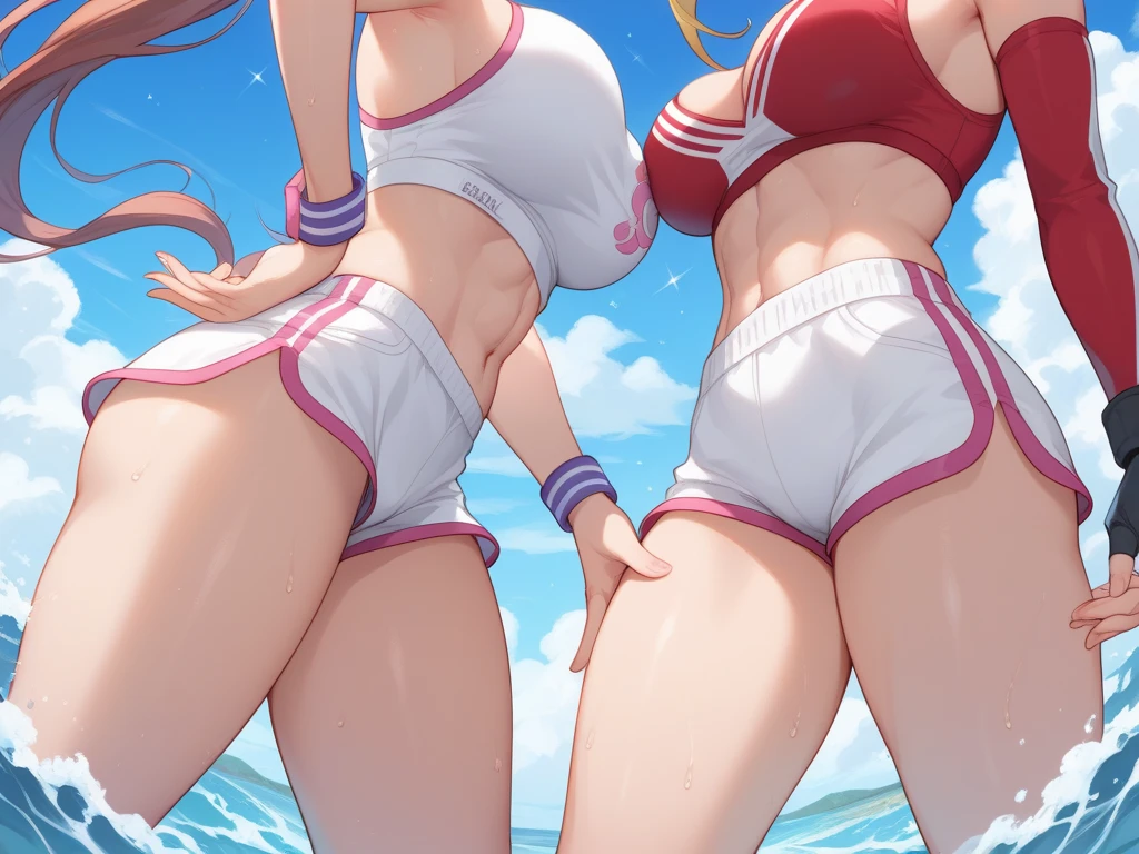 Masseter muscle part, highest quality, Super high resolution, highest quality, anime style, best lighting, beautiful face, masterpiece, high resolution, RO1, bun hair, blue eyes, twin tails, visor cap,underwear, Yellow shorts, shirt, pink ribbon, watch, Are standing, cowboy shot, Depth of bounds written, pokeball \(basic\), laughter, (grass background:1.5), pleasant sunny sky, 1 girl、big breasts masturbate dildo