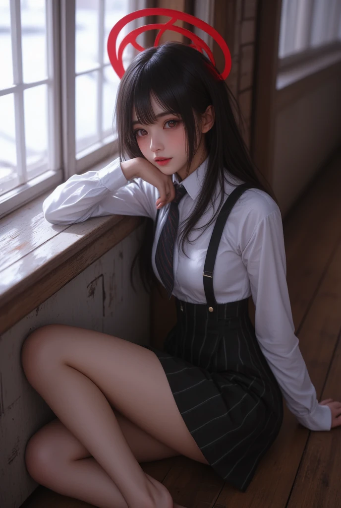 (Hyper-realistic), (Illustration), (High resolution), (8K), (Extremely detailed), (Best Illustration), Yol ( chain saw man ), (Beautiful detailed eyes), (Best Quality), (Ultra-detailed), (masutepiece), (Wallpaper), (Detailed face), Solo, Upper body, Focus on Face, 1 girl, Long Black Hair, Korean, Thin eyeshadow, A detailed eye, Brown eyes, Small moles under the eyes, very slender legs,Long sleeve shirt, Neckbow, Small breasts,Black leather shoes, Dynamic Pose, low illuminance, Night, Dark, Clouds, a dark night,sit on sofa,Drinking black tea,Happy,