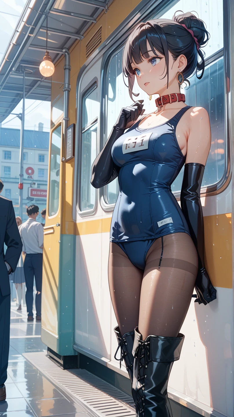 full body image of a woman and several men, "she is wearing a black costume with white parts of a maid mixed with Spider Woman, extremely tight in the body, maid headdress on her head, standing posture, she has "short straight blue hair , green eyes and big breasts", "they are wearing a suit and tie and are holding her", "she is looking at the viewer, her face is flushed, light makeup, she is wearing blue lipstick on her mouth, she has hair with a white streak, landing, hands clenched", are on a crowded bus at night, anime, anime style, anime, anime style, NVIDIA RTX, anatomically correct, 16k, best quality, award winning, high quality, UHD, masterpiece, anatomically correct, 16k, best quality, award winning, high quality, UHD, masterpiece, high details