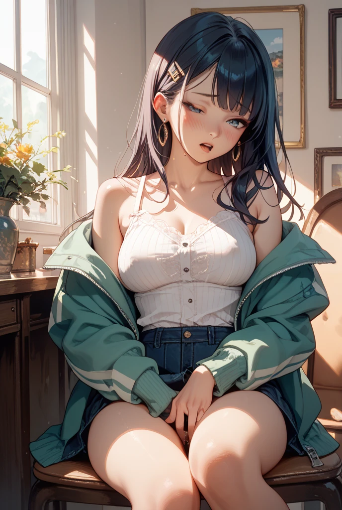 NSFW、(masterpiece、Highest quality:1.2)、1 person、solo、M字Leg spread、Leg spread座り、White string panties、Open legs、Legs open、Leg spread、(Big Tits、Big Breasts、Transparent breasts)、In town、congestion、belly button、Thigh、(Big Tits、Big Breasts、Transparent breasts)、(Erect nipples、black tank top shirt、black bra top、Low rise、belly button、Navy blue denim short skirt、Micro Mini Skirt、White string panties、Gold Necklace)、(Big Tits、Big Breasts)、(tall、Toned body、slim body、Brown Skin、Sunburn、Big Breasts)、(Slanted Eyes、Dark Eyes)、(Sexy look、Erotic look、Estrus、Lust)、((black hair medium straight、Black hair medium bob))、In town、Female teacher, 23 years old、Rumiko Honjo、((masterpiece))、((Highest quality))、((detailed)、((Adult female))、photograph、美しくdetailedな顔、detailedな目、独奏、