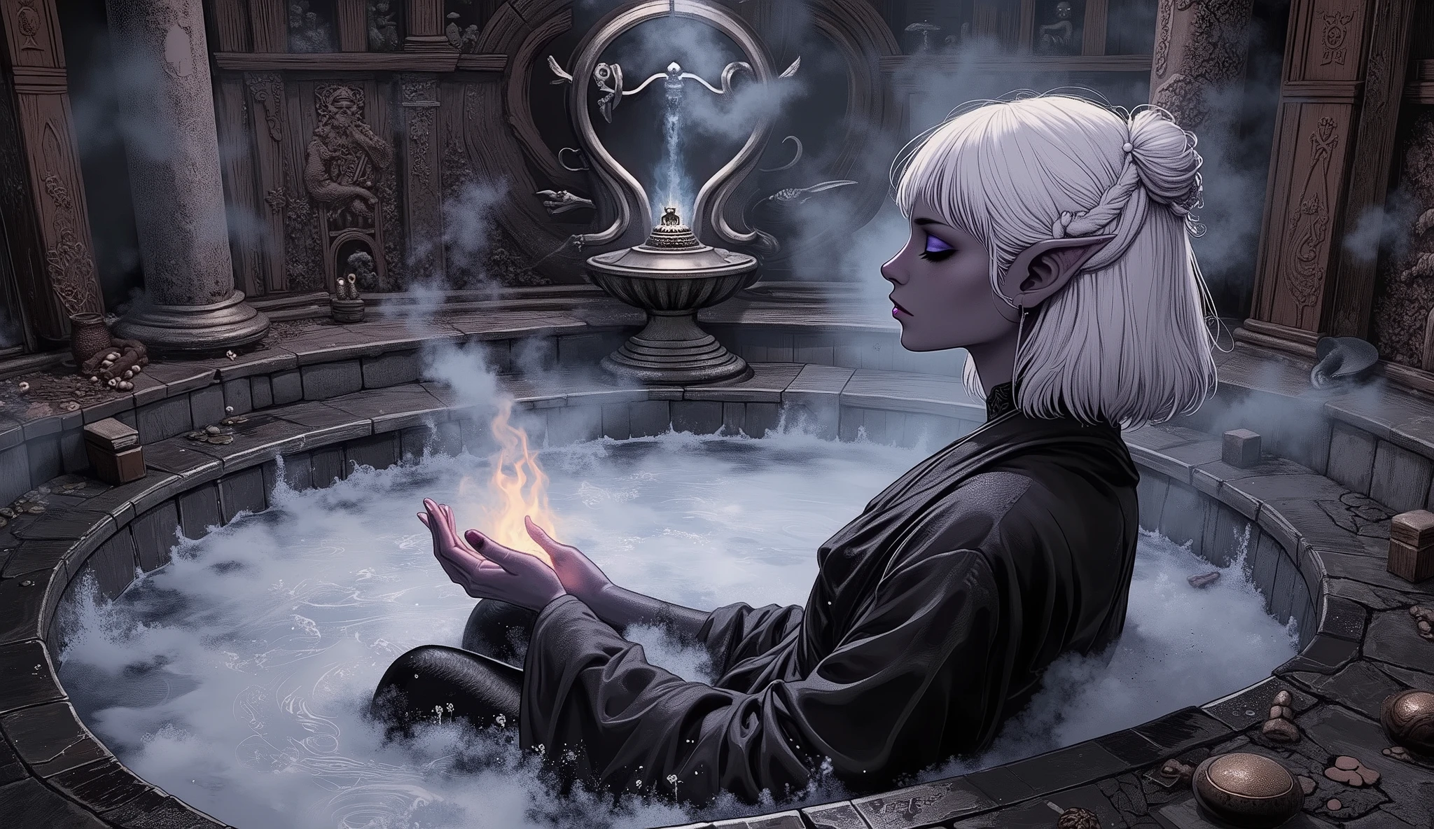 (A fusion of Ukiyo-e and dark fantasy. Aesthetic and gothic digital art. Illustration from a bird's eye view.) BREAK (White hair. Blunt bangs. White eyebrows. Long white eyelashes. Almond-shaped eyes. Lavender eyes. Dark, thick eyeliner. Small pink lips. Slightly pointy ears. Dark purple skin. Thin limbs. Thin fingers. White fingernails. One thumb and four fingers accurately drawn.) BREAK (A female dark elf cleric, clad in a thin linen robe, soaks in a steam bath in a luxurious medieval European palace, photographed from a cinematic low angle. Dense steam swirls around her, catching the soft, shimmering light from a gorgeous gothic brazier placed in a shaded alcove. Her eyes are closed in deep meditation, and a subtle crease between her brows is the only thing that keeps her focused. Her body is elegantly poised, perhaps sitting on a cold, dark marble bench, hands gently resting on her knees, palms open to the rising steam. Condensation glistens on her smooth black skin, each strand of damp black hair clinging to her neck and temples. The intense heat is visualized by the shimmering air above the heat source and the tiny droplets of water adhering to the rich wood carvings on the walls. Intricate ancient symbols are subtly carved into the stones around the baths, almost blending into the steam. The scene is intimate, as if one were observing a private ritual.)