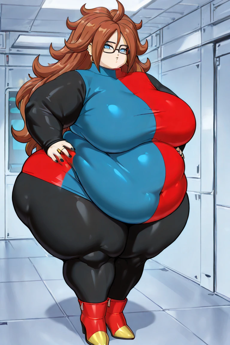 Android 21 from dragonball brown hair, long hair, curly hair, blue eyes, hoop earrings, two-tone dress, checkered dress, sleeveless, black pantyhose, thick thighs, teasing, pregnant, crazy smile,