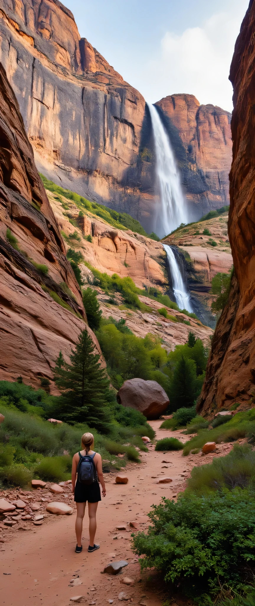 highdefinition images,USA、Utah、Zion National Park、Watchman Trailの眺め、There is a steep cliff in front of you, and you can see the steep rock surface from below、A small waterfall cascades down from the top of the cliff、The natural terrain is impressive