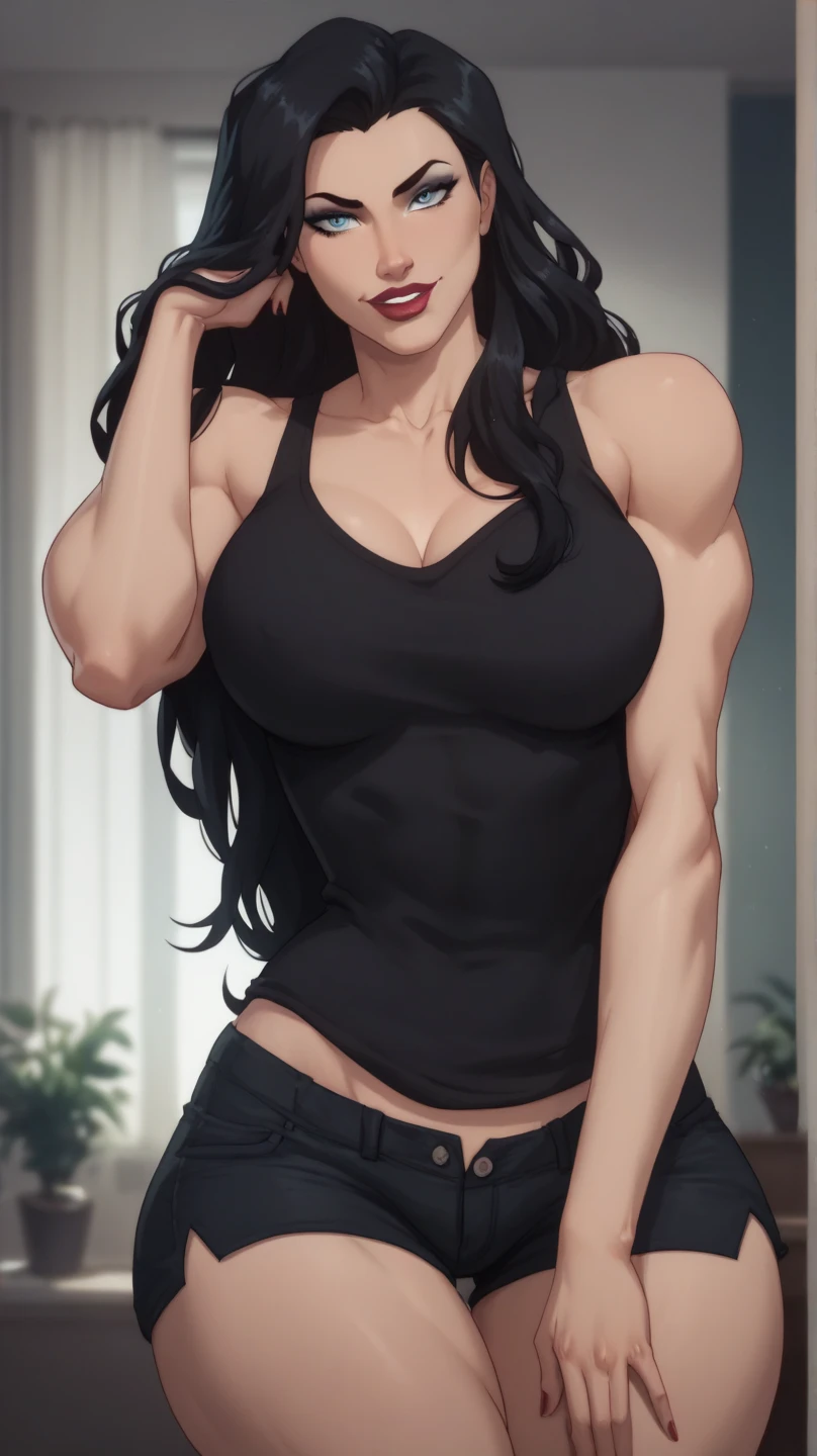 Big woman, nervous, in tight clothes, embarrassed to be seen, very tall, broad shoulders, long black hair, virgin killer sweater, muscular, tone body, sitting in a high end restaurant, date night