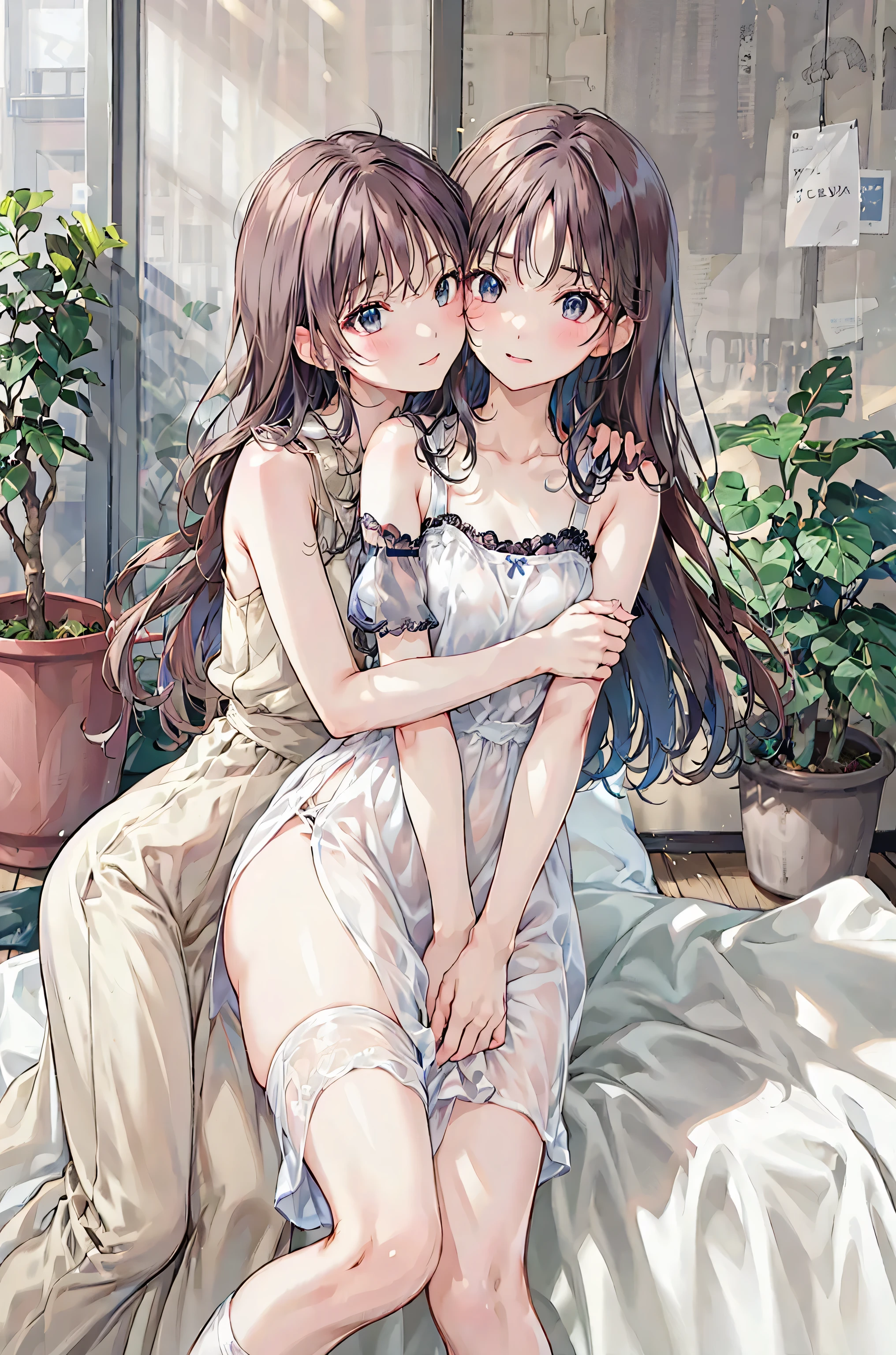 -Yuri , Multiple Girls, 2 girls, Yuri, dress, sofa, Long Hair, kiss, plant, Eyes closed, window, indoor, Sitting, Blurred foreground, on sofa, white dress, Blurred, Exposing shoulders, moon, potted plant, Written boundary depth, Sleeveless dress, Blonde, Sleeveless, chest, black dress, Black Hair, pillow, Bottle, Bare arms, full moon, night, Book, blush, very Long Hair, clavicle, The legs stick out from the frame, chestの谷間, cup, bangs, null, Brown Hair, medium chest, Wavy Hair, curtain, Spaghetti Straps, cushion, Particles of light, profile,high school girl ,、Brown Hairのポニーテール,フレンチ・kiss, barefoot,Underwear is visible,Put your fingers in your crotch,小さいchest,Small Ass,beautiful profile,Clear limbs,Distinctive nose bridge,Anatomically correct limbs