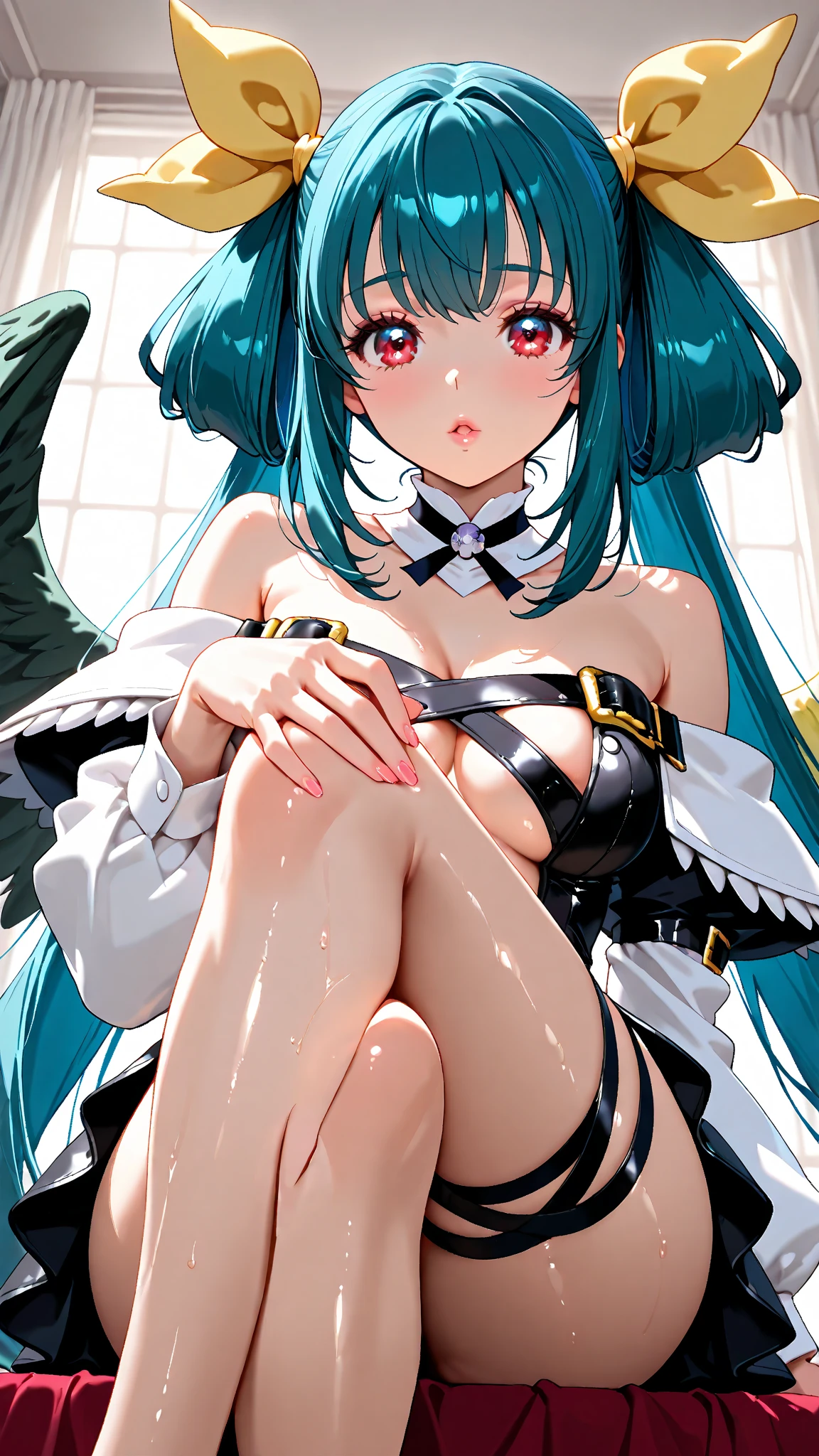 BREAK looking at viewer, BREAK (masterpiece:1.2), best quality, high resolution, unity 8k wallpaper, (illustration:0.8), (beautiful detailed eyes:1.6), extremely detailed face, perfect lighting, extremely detailed CG, (perfect hands, perfect anatomy),outdoor,nsen,hot springs, night,aqua, long hair, blue eyes, hair ornament, very long hair, blue hair, hair rings, single hair ring, hair bobbles, thighhighs, bare shoulders, detached sleeves, white thighhighs, , green bow,nipples,nipples see through,lie in water, lie on back,sexy lingerie, from above, spread legs.