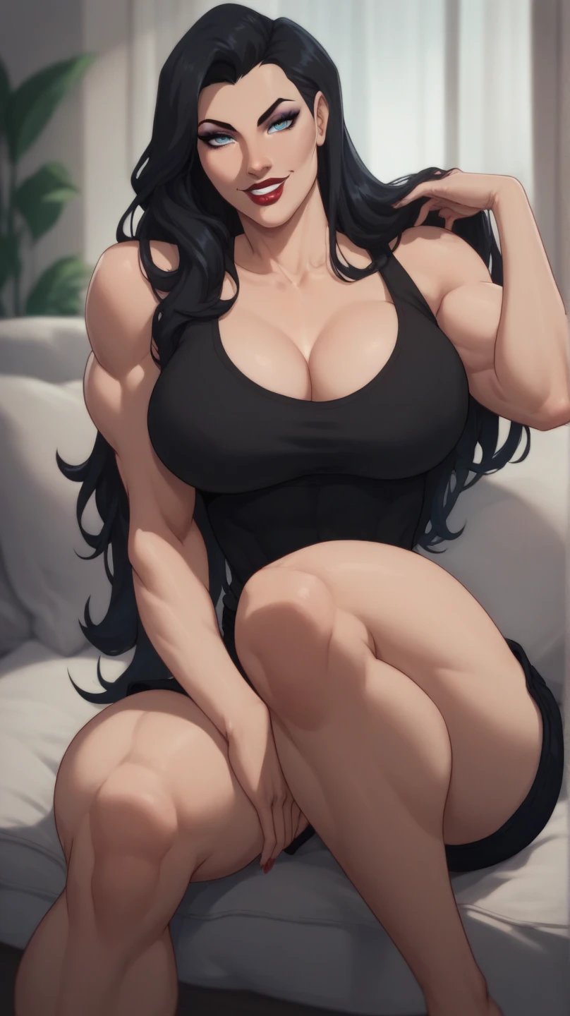((((muscular)))), ((thick thighs)), ((large breasts)), (bra and panties), very long hair, yellow eyes, pale skin, angry, in bed, black hair, ((curvy))