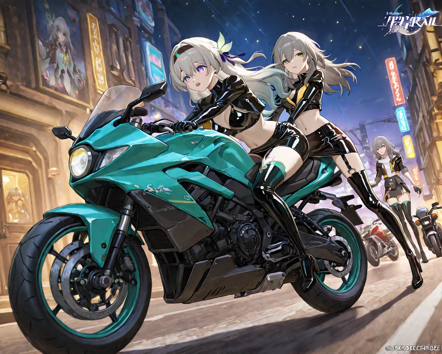 masterpiece, Highest quality, (1 beautiful girl :1.2), Silver Hair, 24-years-old, , Standard weight, Riding on motorcycle、