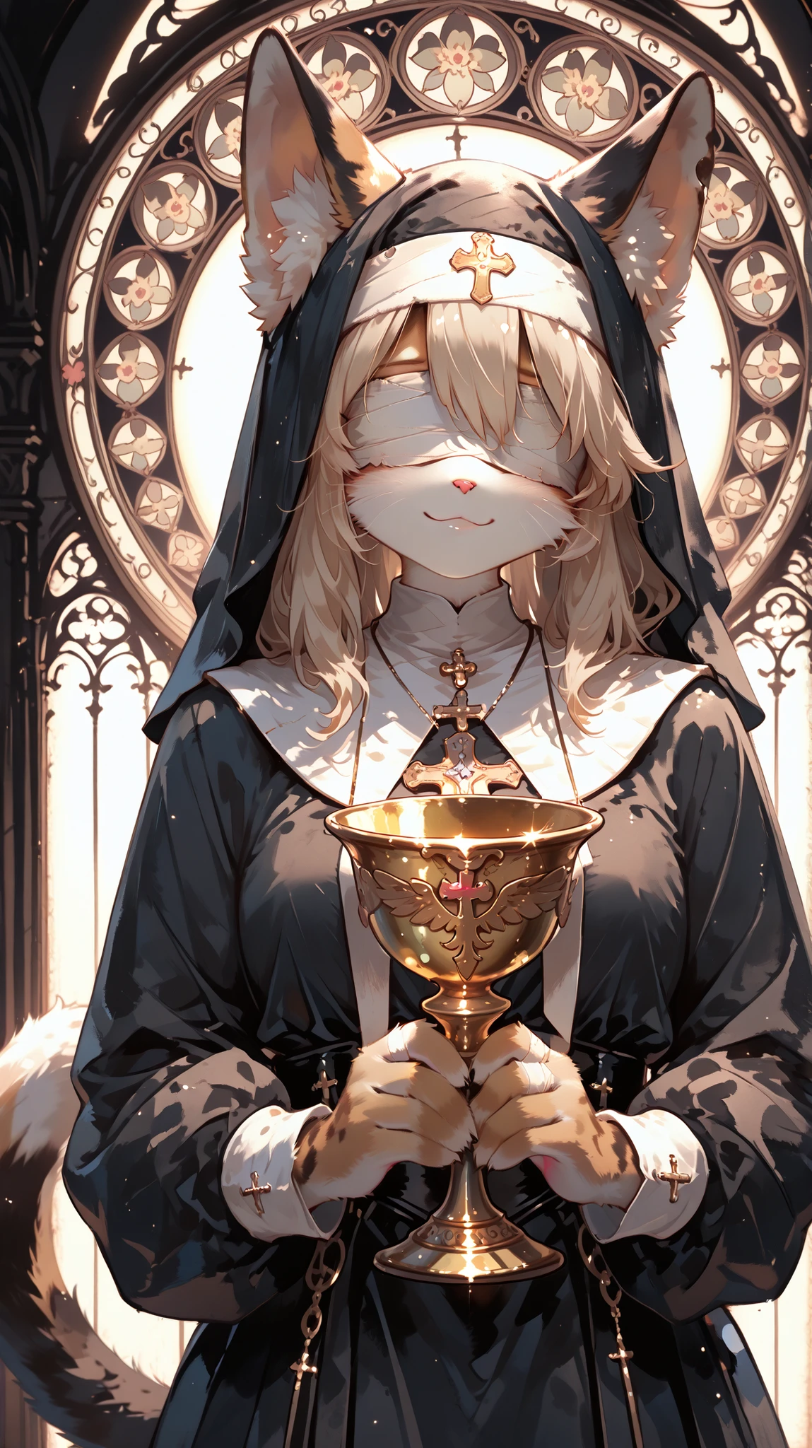 masterpiece, highest quality, Ultra High Quality, 64k,
Beautiful and delicate nan cat girl, (2 girl), 22 years old, (furry),thin,
black cat Fur, (cat ear), (cat tail), nun,
(bandage blindfold), (smile), (wearing nan outfit),hugging holy grail, looking viewer, front view
(detailed lighting),(dark lighting:1.4),rim lighting, sharp focus, ((upper body)), (art nouveau),