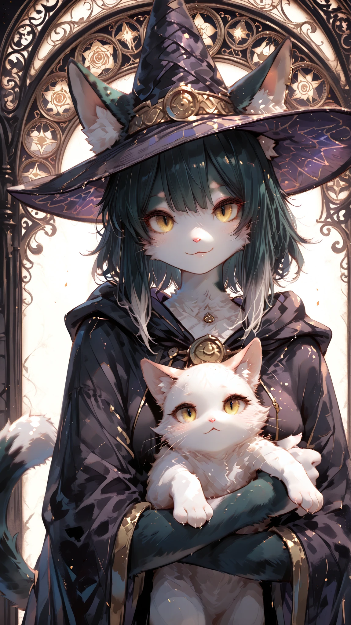 masterpiece, highest quality, Ultra High Quality, 64k, 
Beautiful and delicate cat girl, (2 girl), 22 years old, (furry),thin,
black cat Fur, (cat ear), (cat tail),
(Beautiful gold eyes), (smile), (wizard), wizard hat,hugging cat, looking viewer, 
(detailed lighting),(dark lighting:1.4),rim lighting, sharp focus, ((upper body)), (art nouveau),